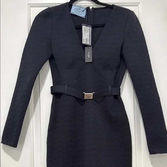 Prada Dresses | Prada Jacquard Wave Black Belted Midi Dress Size 38 | Color: Black | Size: 2 | 101fashiondeals's Closet